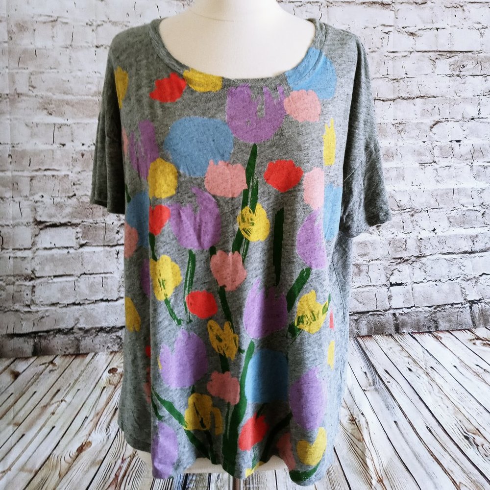 Michael De Feo For J CREW Womens Crew Neck T-Shirt Gray With Painted Tulips XL